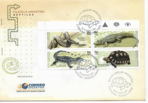 ARGENTINA 2002 REPTILS FAUNA SNAKE TURTLE CROCODILE BLOCK 4 VALUES ON FDC SPD