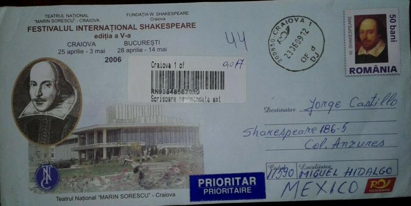 O) 2006 ROMANIA, SHAKESPEARE FESTIVAL CRALOVA, PRIORITY TO MEXICO, XF