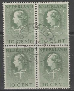 NETHERLANDS SGJ27 1951 10c GREEN FINE USED BLOCK OF 4