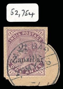 Zanzibar 1896 QV 2½ on 1a plum BROKEN 'p' FOR 'n' var (BPA Cert) VFU. SG 23 (B).