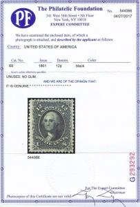 SC# 69 UNUSED NO GUM 12 CENT WASHINGTON, 1861, 2017 PF CERT, VERY FINE.   