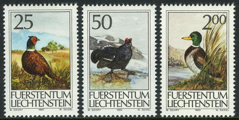 Liechtenstein 945-947, MNH. Birds. Pheasant, Black-cock, Mallard duck, 1990