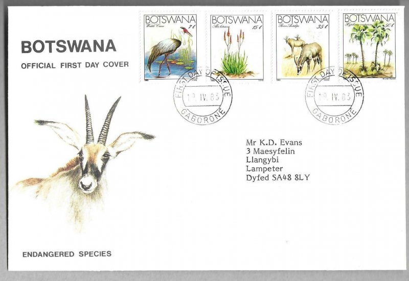 1983   BOTSWANA  -  SG.  541 / 544  -  BIRDS / ANIMALS  -  ON FIRST DAY COVER 