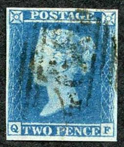 1841 2d Blue (QF) Plate 3 Fine Four Margins