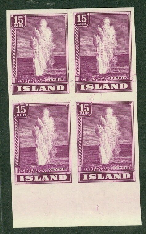 ICELAND #203a 15aur Geysir, IMPERF Blk of 4, NH, VF, RARE Gronlund cert