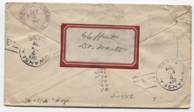 1912 Swansea Massachusetts Doane Cancel on Registered Cover [1712]