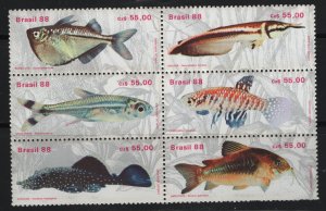BRAZIL 2157 FISH   MNH BLOCK OF 6
