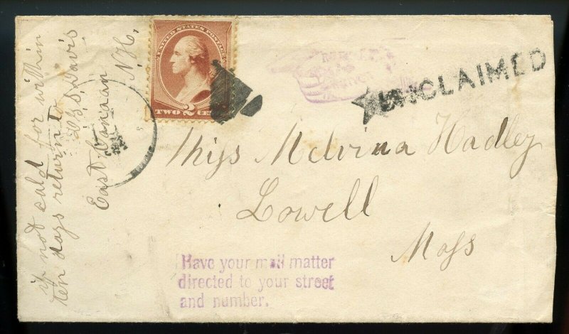 U.S. Scott 210 on 1880s NH Cover with UNCLAIMED and Pointing Finger Markings