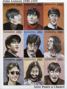 The Beatles Stamps Tanzania 1995 MNH John Lennon Peace Music Celebrities 9v M/S