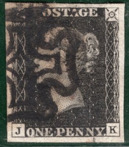 GB PENNY BLACK QV 1840 Stamp SG.2 1d Plate 9 (JK) Superb Used MX Cat £625+ REDB2