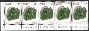 Zaire #1102 Malachite Green. MNH Strip of 5.  no glue.  1983.