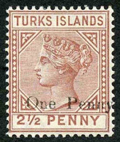 TURKS ISLANDS SG61 One Penny on 2 1/2d Red-brown m/mint 