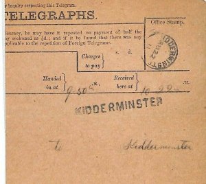 GB Worcs 1906 Telegraph Form KIDDERMINSTER Unusual Straight-Line Handstamp GN164 