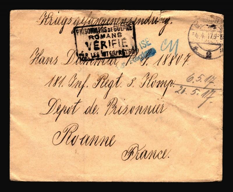 Germany 1917 POW Cover to France / Small Top Tear - Z14397