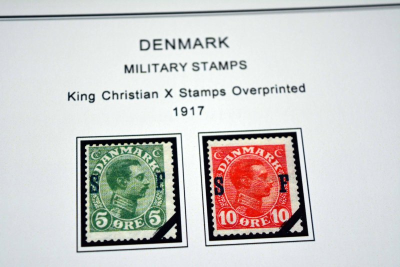 COLOR PRINTED DENMARK [CLASS] 1851-1955 STAMP ALBUM PAGES (27 illustrated pages)