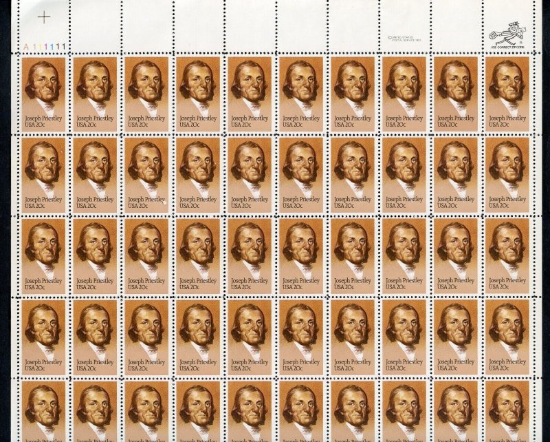 UNITED STATES SCOTT #2038 JOSEPH PRIESTLEY COMPLETE SHEET  MINT NH