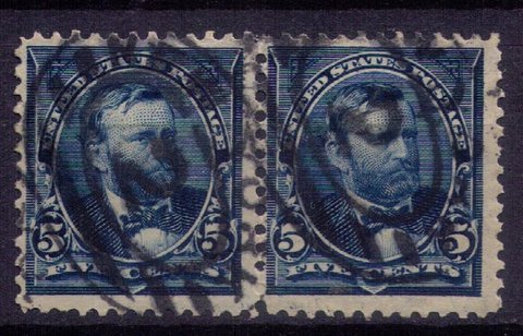 US SCOTT #281 USED VERT. PAIR 5 CENT BLUE F-VF