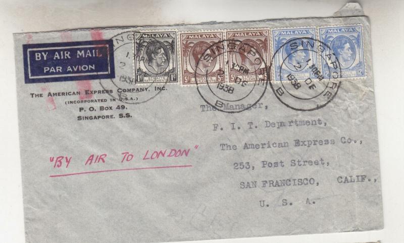 STRAITS SETTLEMENTS, 1938 Airmail cover to USA, Via London Red Jusqu'a