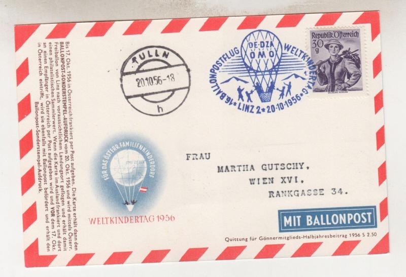 AUSTRIA, 1956 Balloon Post Card, Linz to Tulln.