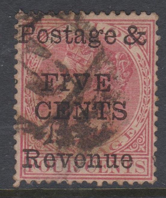 Ceylon 1885 Five Cents OP on 4c Rose Sc#117 Used