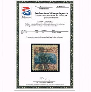 GENUINE SCOTT #118 F-VF USED 1869 TYPE-I PSE CERT NBNC CLEAR G-GRILL #17704