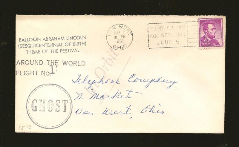 USA SC#1036 on Balloon Abraham Lincoln 1959 Van Vert Ohio Flight 1 GHOST Cover