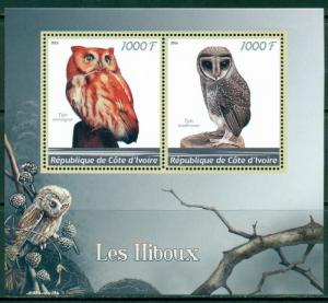 Owls Bird Fauna Ivory Coast MNH stamp set 2val and souvenir sheet