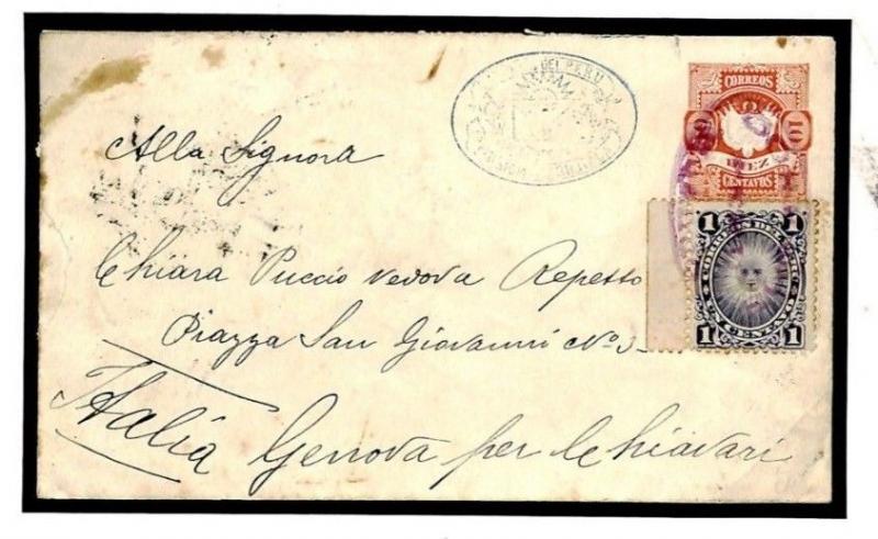 PERU Transatlantic Cover *Huanuco*Violet CDS Uprated Stationery ITALY 1893 F274a