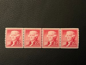 Scott #1055 - line strip of 4 coil stamps Thomas Jefferson - MNH -1954