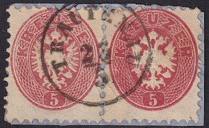 Austria - 1863 - Scott #24 - 2x used on piece - TRAUTENAU pmk Czech Republic