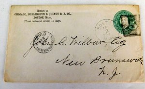 US #U164 Cover Boston MA, R.R. Negative 5 Fancy Cancel, New Brunswick Aux, 1874