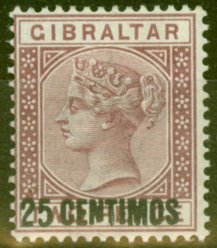 Gibraltar 1889 25c on 2d Brown Purple SG17b Broken N V.F Very Lightly Mtd Mint 