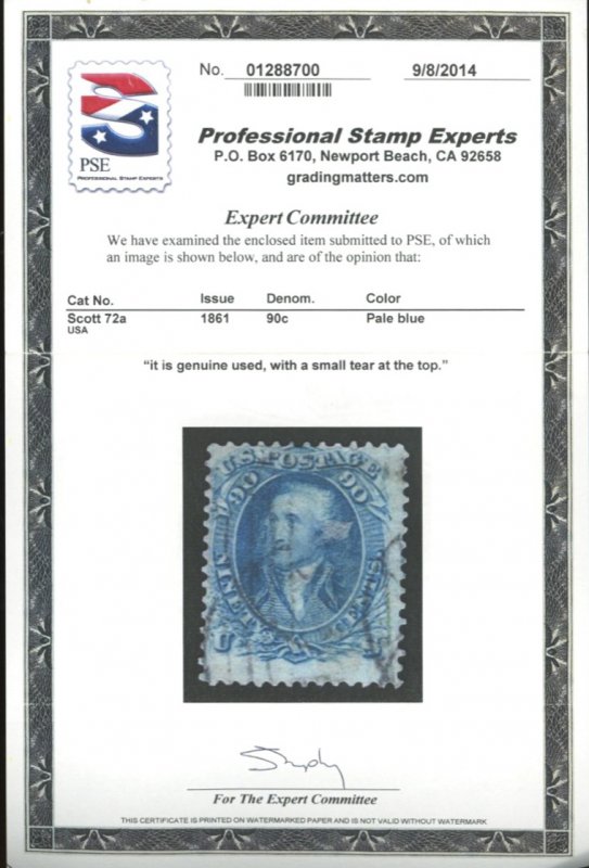 U.S. #72a USED WITH PSE CERT