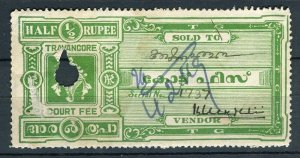 INDIA; TRAVANCORE early 1900s fine used Revenue issue used 1/2a. value