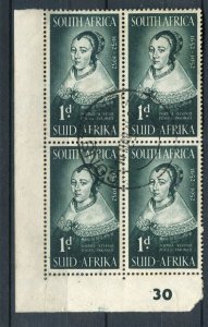 SOUTH AFRICA; 1952 early Van Riebeeck issue 1d. used CORNER BLOCK,