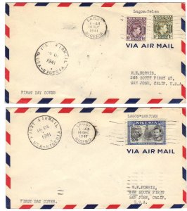 NIGERIA 1941 TWO FIRST FLIGHT COVERS LAGOS TO US FRANKED SHILLING VALUES