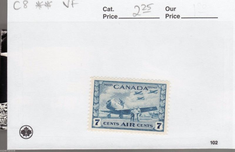 1943 Canada C8 ** MNH  VF 7 cent Air Mail stamp, WWII RCAF airplane