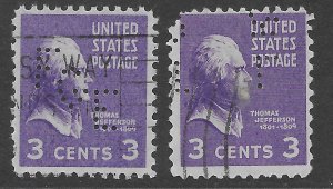 US #807 used two stamps.  Perfins. Thomas Jefferson.