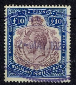 NYASALAND SG99e 1919 £10 PURPLE & ROYAL BLUE FISCALLY USED (d)