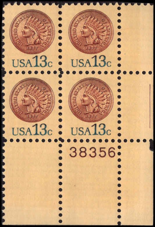 US #1734 INDIAN HEAD PENNY MNH LR PLATE BLOCK #38356 DURLAND $1.50