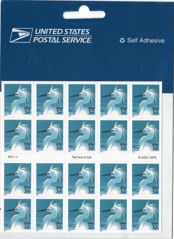 Scott #3830De Snowy Egret w/USPS Microprinting Booklet of 20 Stamps - Sealed