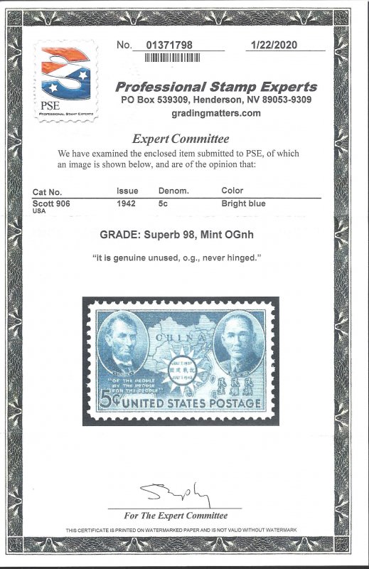 906 Mint,OG,NH... PSE Graded Superb 98... SMQ $110.00... Only 3 graded higher