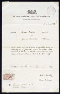 Gibraltar 1892 Supreme Court document with 1884 1p25 revenue