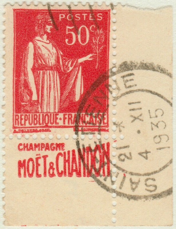 FRANCE - 1933 - pub MOET & CHANDON sur Yv.283c 50c Paix t.IIA obl. St-ETIENNE