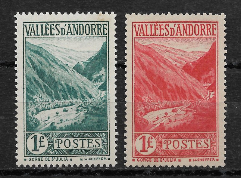 French Andorra 1932-38, Scott # 49-50, 1fr stamps,VF MVLH*OG (FR-1)