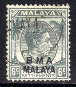 Malaya BMA 1945 - 48 KGV1 6ct Grey used SG 6a ( A370 )