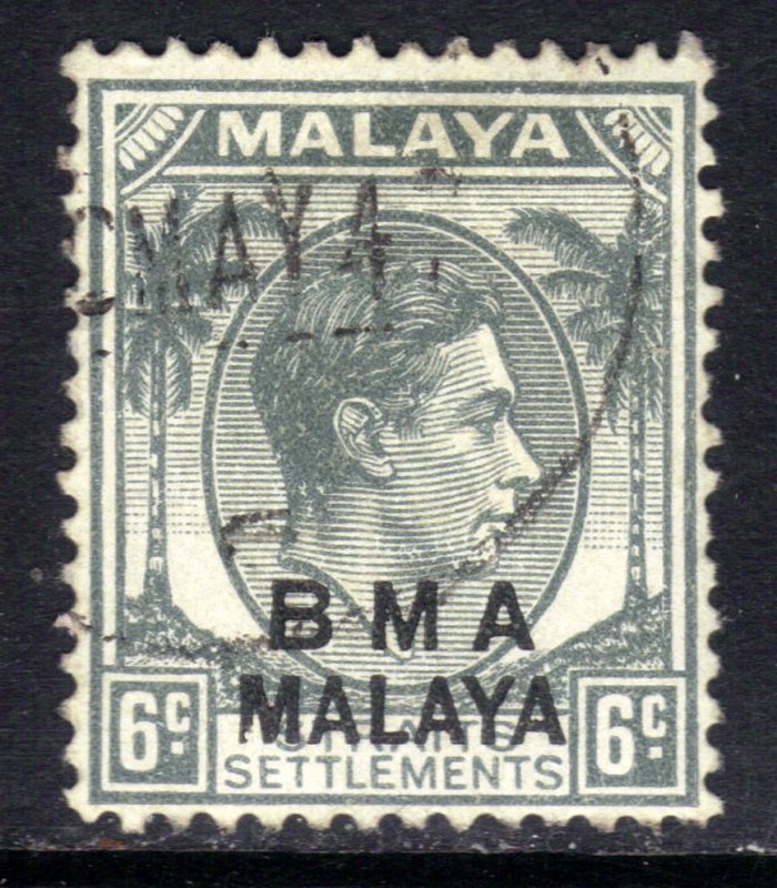 Malaya BMA 1945 - 48 KGV1 6ct Grey used SG 6a ( A370 )