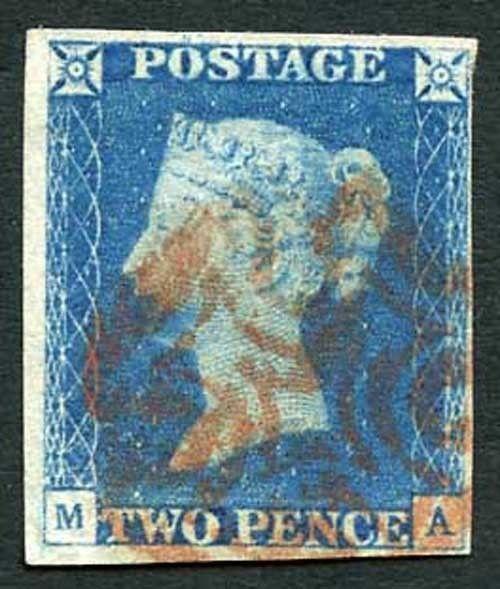 1840 2d Blue (MA) Plate 1 Close to Big Margins