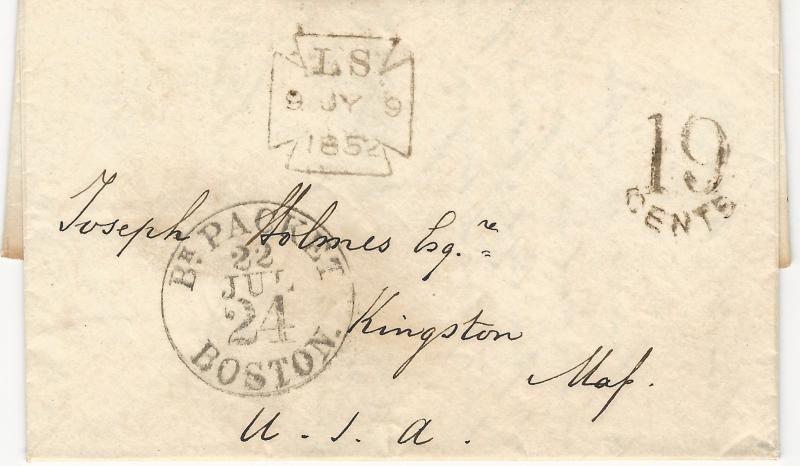 Great Britain, 1852 Stampless Cover, with Letter, To Kingston, MA, Rare Markings