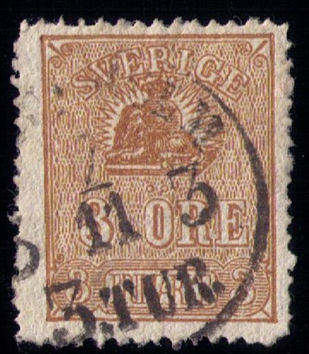 Sweden Sc #13 Used 1862 3o Bister Brown LION & ARMS  F-VF